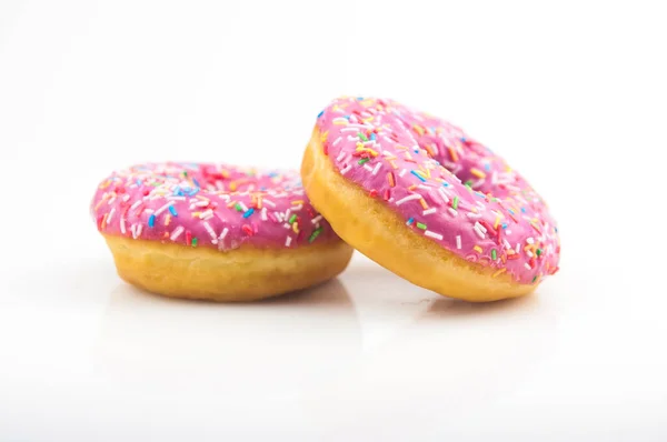 Dois Donuts Cor Rosa Fundo Branco — Fotografia de Stock