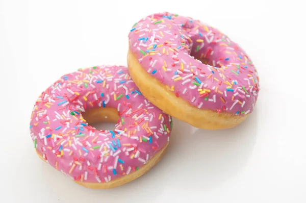 Dois Donuts Cor Rosa Fundo Branco — Fotografia de Stock