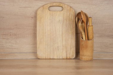 Metin için boş alanı olan mutfak gereçleri, ev mutfak dekoru konsepti, ön görünüm