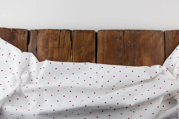 White Polka Dot Tablecloth Towel Surface Brown Wooden Table — Stock Photo, Image