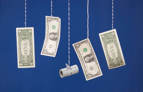 Conjunto Billetes Voladores Dólar Sobre Fondo Pared Azul —  Fotos de Stock