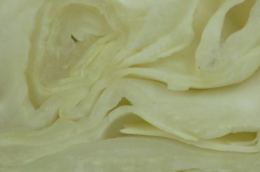 Lahana kesilmiş. Yakın plan bir kesik olduğunu gösteriyor. açıkça görünen lahana dokusu