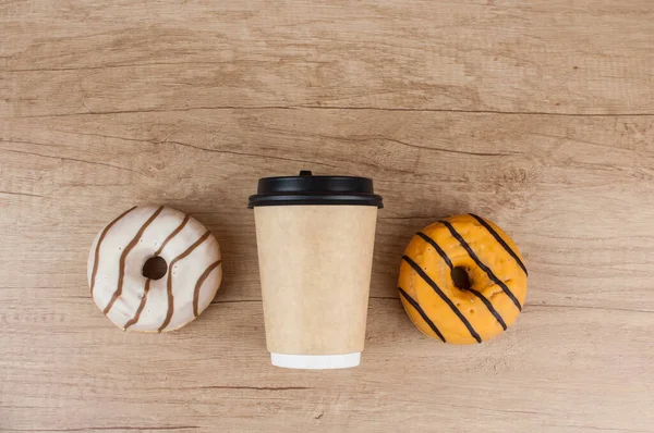 Colorful Donuts Doughnut Wooden Table Background Overhead View — Stock Photo, Image