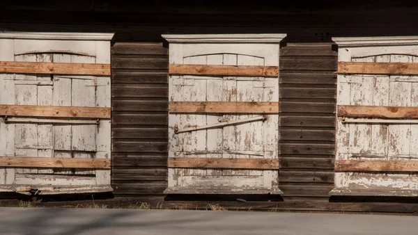 Colorful Painted Weathered Old Wooden Window Shutters Abandoned Huts Locked — Stock Photo, Image