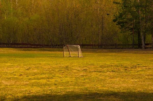 Old domestic small football goal with grid. Football goal with fragmentary grid in the forest. No people. Football field in the village