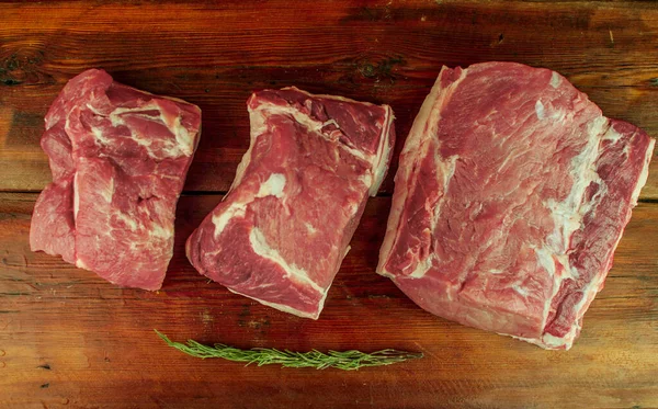 Big Piece Raw Pork Neck Wooden Table Pork Tenderloin Spices — Stock Photo, Image