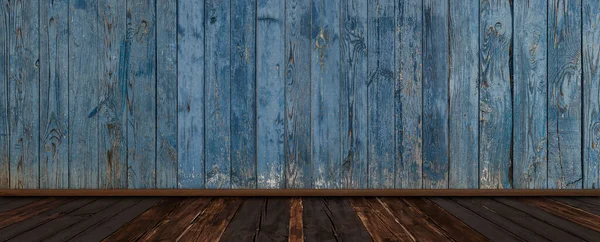 Gran Habitación Vacía Pared Azul Madera Con Suelo Oscuro — Foto de Stock