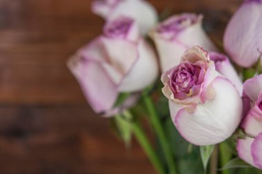 Ahşap arka planda pembe güller. Anneler günü gülleri, pembe gül buketi, metin için fotokopi alanı olan çiçek arkaplan resmi