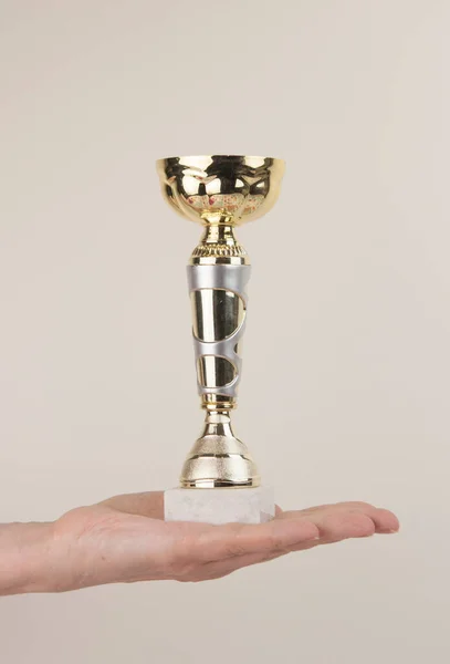 Woman Holding Gold Trophy Cup White Background Closeup — Stock Photo, Image