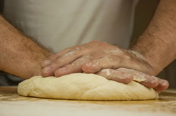 Baking Concept Unrecognizable Man Hands Top View Knead Dough Wooden — Stock Photo, Image