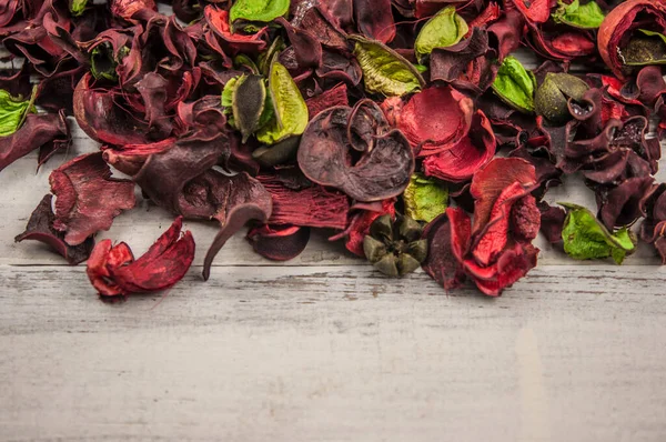 Rustic Grunge Nature Background Dried Colorful Petals Scattered White Wood — Stock Photo, Image