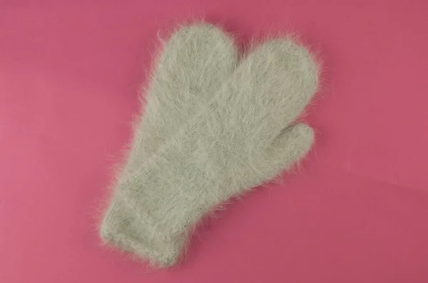 Hand Knitted Mittens Pink Background — Stock Photo, Image