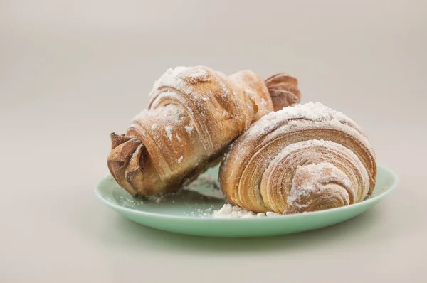 Two Fresh Croissants Plate White Background Breakfast — Stock Photo, Image