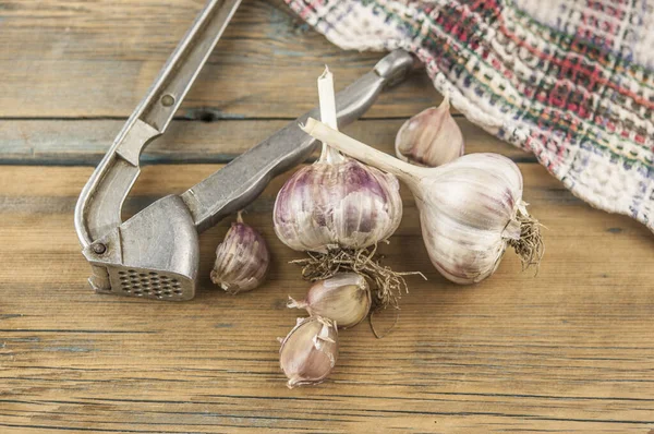 Organic Garlic Metal Press Fresh Garlic Cloves Garlic Bulb Wooden — Stock Photo, Image