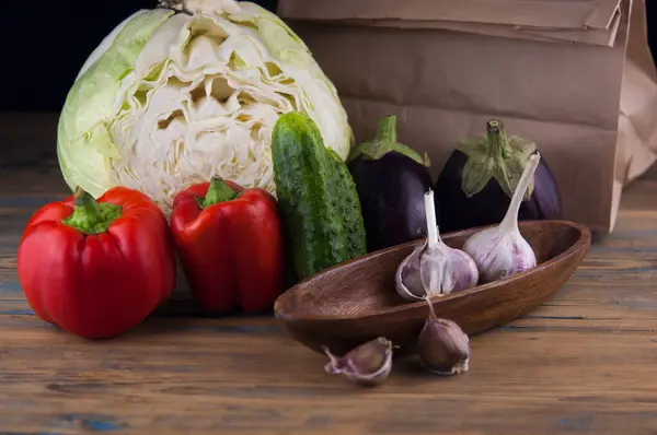 Verdure Biologiche Fresche Concetto Cibo Sano Verdure Sulla Tavola Legno — Foto Stock