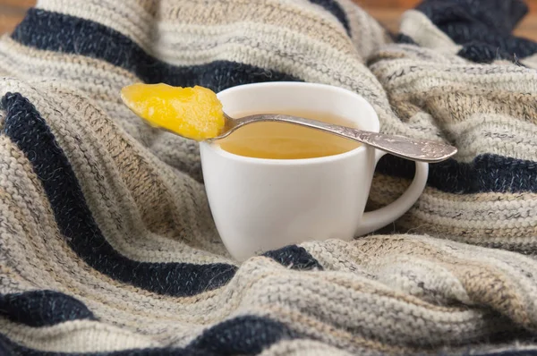 Cozy Autumn Breakfast Tea White Cup Honey Warm Knitted Sweater — Stock Photo, Image