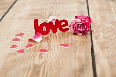 üzerinde kırmızı-beyaz gül ve dağınık çiçek yaprakları ve kelime aşk 