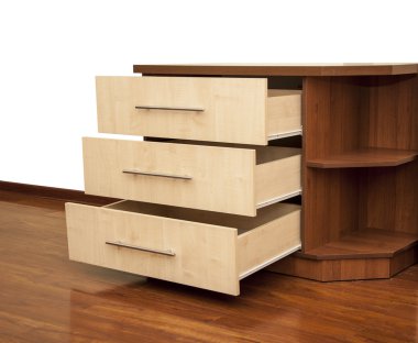 Modern ahşap Komidinin üstünde yatak odasında yerde