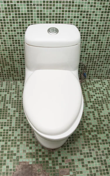 Schone, witte toilet met groene mozaïek tegels muur in badkamer — Stockfoto