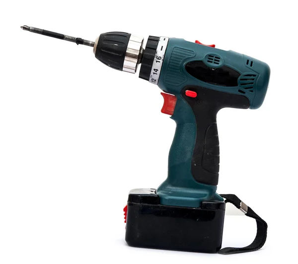 Battery-powered electric drill on white background — Stock Photo, Image
