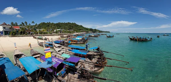 Panorama of Old Boats and Blue Sea in Ton Sai Bay of Phi Phi Don Island near Phuket