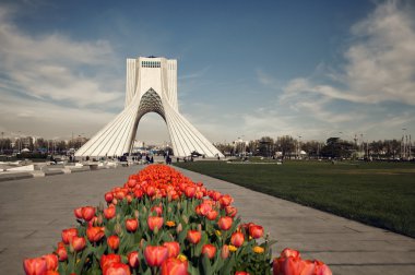 Azadi Anıtı kırmızı lale kahverengi Vintage filtre ile düzenlenmiş arkasında Tahran