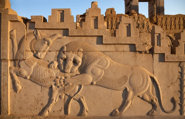 Bajorrelieve talla de un león cazando un toro en Persépolis de Shiraz — Foto de Stock