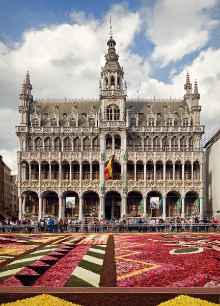 King House o Het Broodhuis en la Grand Place de Bruselas detrás de la alfombra de flores Imágenes de stock libres de derechos