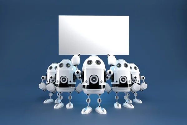 Group of robots with blank board. Contains clipping path — Stock Photo, Image