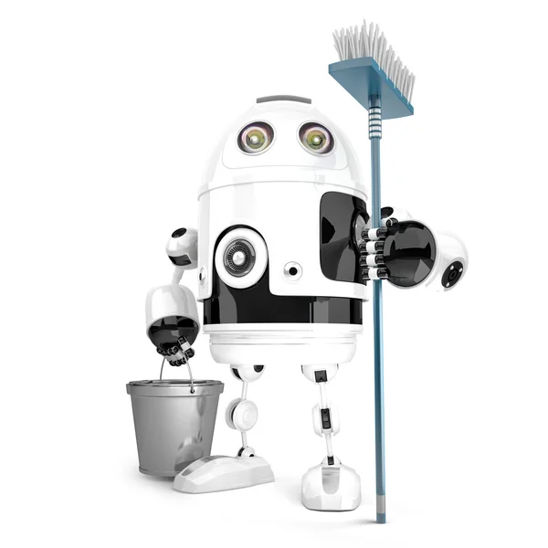 Robot schoner met mop en emmer in zijn handen. Geïsoleerd. Bevat uitknippad — Stockfoto