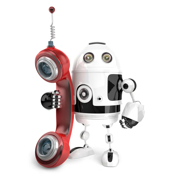 Robot 3d con tubo del telefono rosso. Isolato. Contiene percorso di ritaglio — Foto Stock