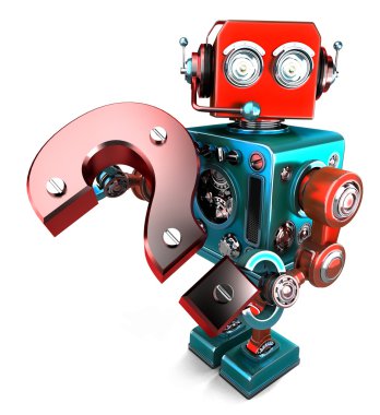 soru işareti ile 3D robot. İzole. Kırpma yolunu içerir