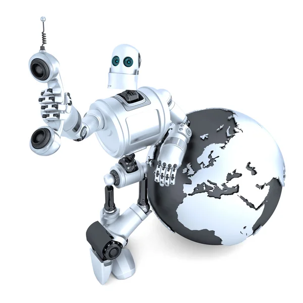 Robot with tablet phone tube and earth globe. Global communication concept. Isolated. Clipping path — Stock Photo, Image