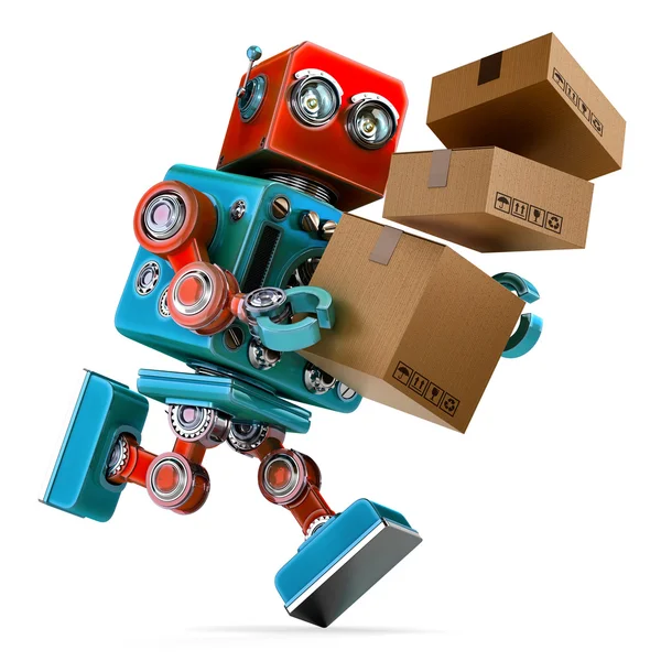 Robot en un apuro entregando un paquete. Servicio de paquetería. Aislado. Contiene ruta de recorte —  Fotos de Stock