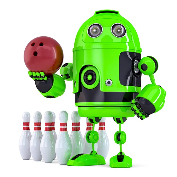 Grüner Roboter beim Bowling. Vereinzelt. enthält Schnittpfad — Stockfoto