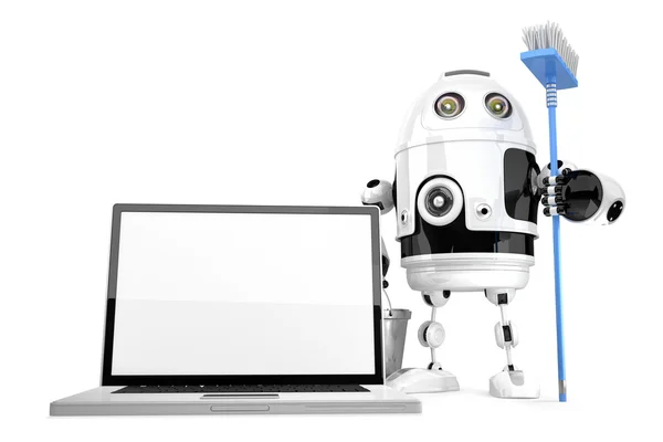 Laptop cleaning concept. Robot cleaning laptop with a mop. Isola — Stock Photo, Image