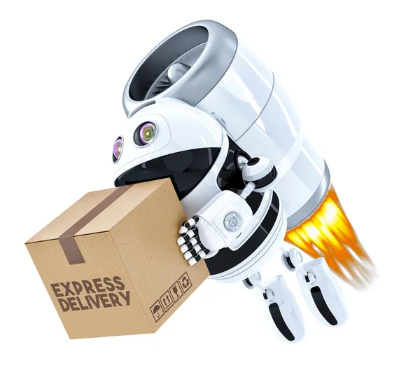 Raketa doručení Robot létání s balíčkem. Izolovaný. Obsahuje cl — Stock fotografie