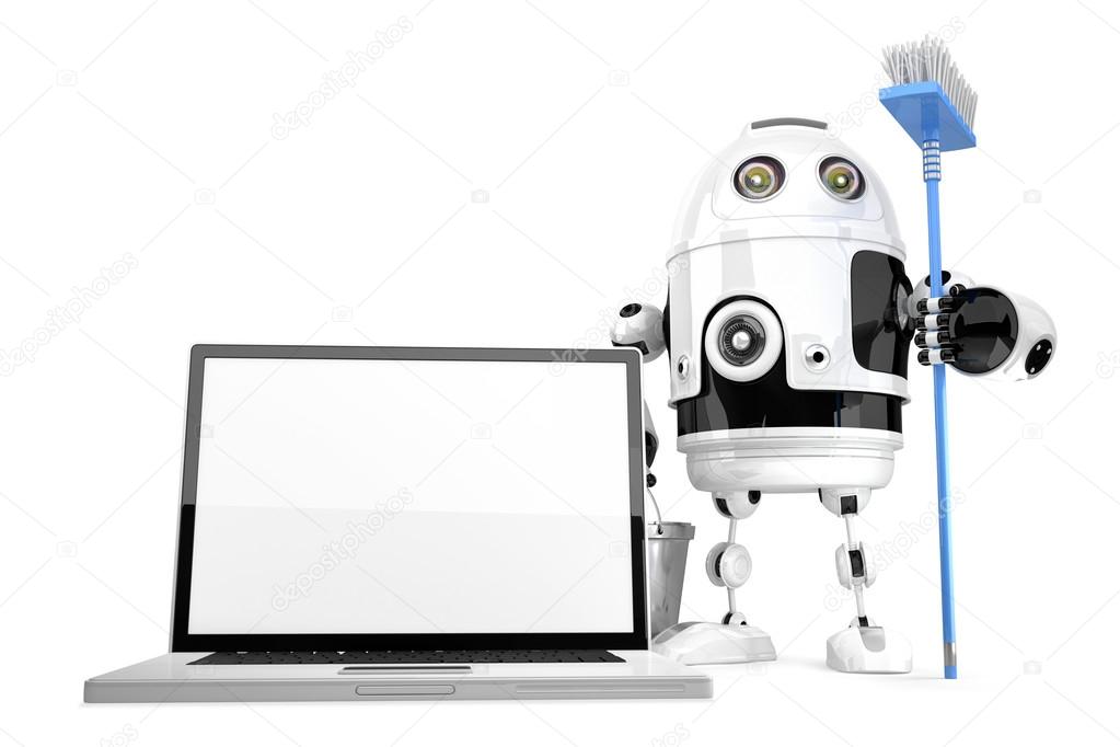 Laptop cleaning concept. Robot cleaning laptop with a mop. Isola