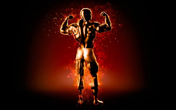 Flaming bodybuilder posing over black background. 3D illustration — Stock Photo, Image