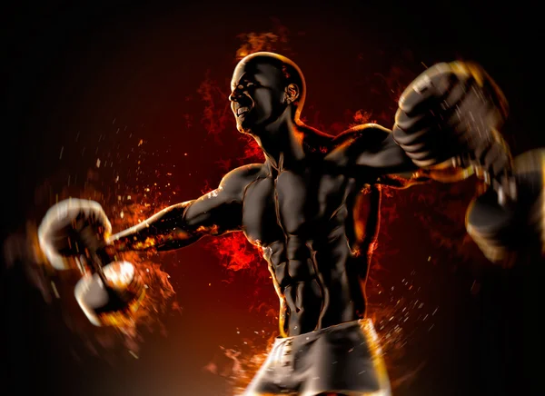 Closeup of a handsome bodybuilder with burning dumbbells. 3d ill — Stock Photo, Image