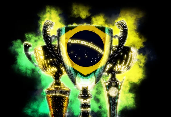 Trophy cup textured with flag of Brazil. Digital illustration — Stock Photo, Image