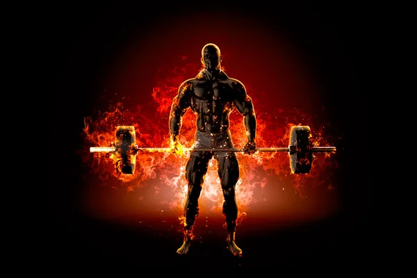 Muskulöser Bodybuilder mit Hantel. Feuer explodieren Konzept. 3D-Illusion — Stockfoto