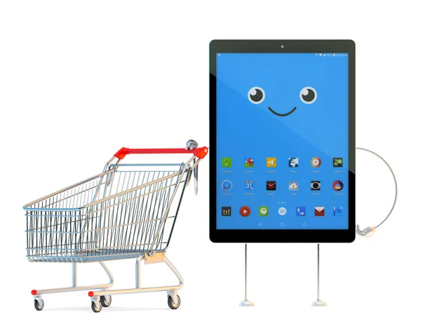 Tablet cartoon character with shopping cart. 3d illustration wit — Stock Photo, Image