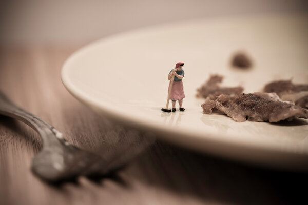 Miniature Housemaid Washing Dishes. Macro photo