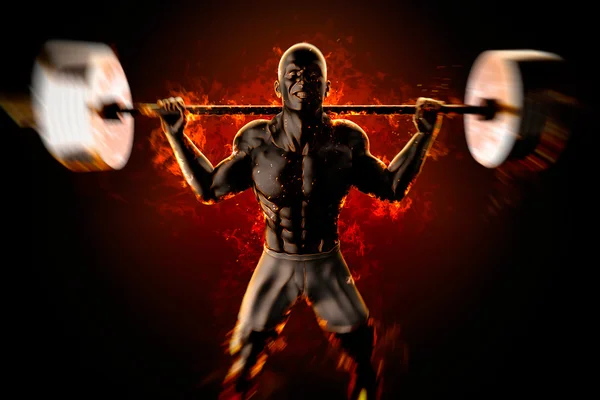 Bodybuilder met vlammende barbell. 3D-rendering — Stockfoto