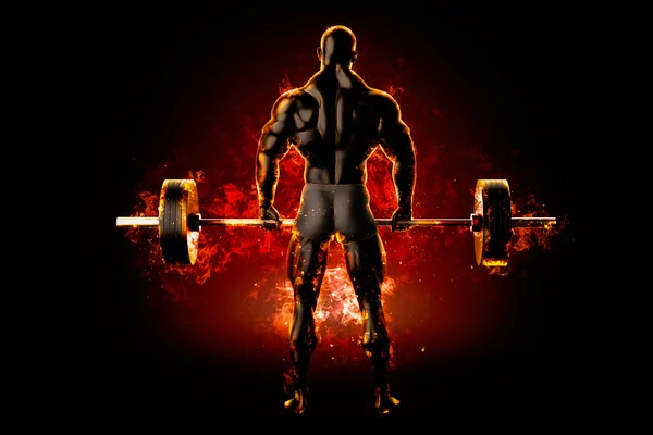 Flaming athlete with a barbell. Back view. 3d rendering — Stock Photo, Image