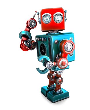 Telefon tüp ile şirin 3d Retro Robot. 3D çizim. İzole. Kırpma yolunu içerir