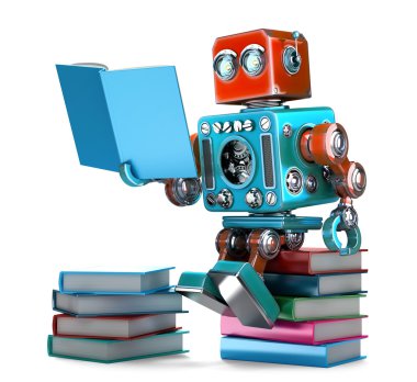 Retro Robot kitap okumak. İzole. 3D çizim. İçerir 