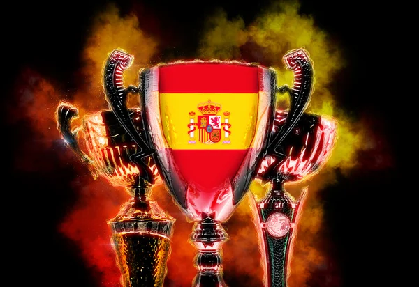 Trophy cup textured with flag of Spain. Digital illustration — Stock Photo, Image