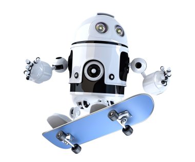 Kaykay ile robot. Teknoloji kavramı. 3D çizim. Devamı